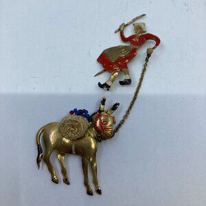 Vtg  brass enamel dutch farmer donkey brooch